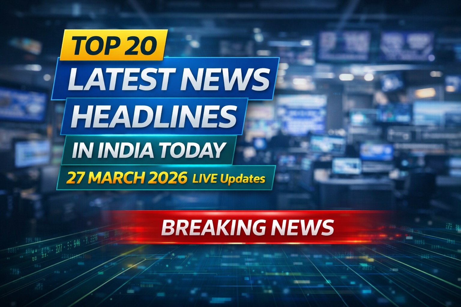 Top 20 latest news headlines in India today 27 March 2026 sensex fall rain damage and cyber crime updates infographic